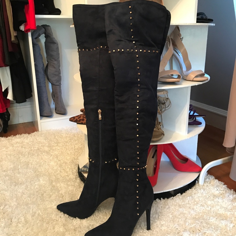 Simmi Shoes Navy Thigh High Studded Boot